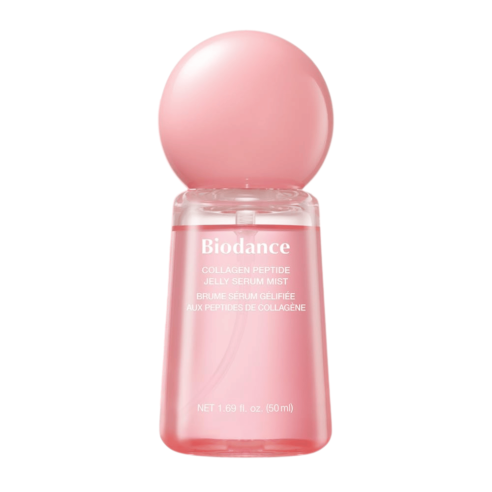 Biodance Collagen Peptide Jelly Serum Mist 50 ml – rosa ansiktsmist og serum med kollagen og peptider for fuktighet og glød.