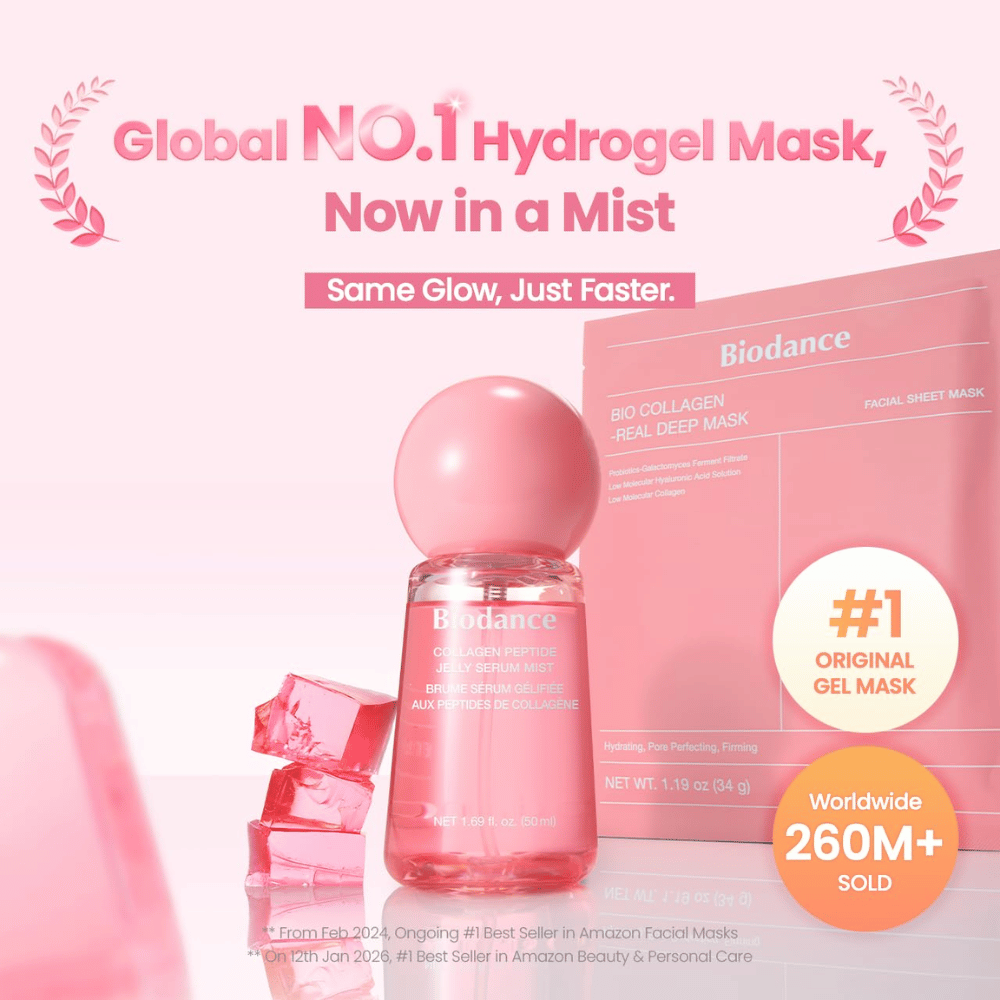 Biodance Collagen Peptide Jelly Serum Mist sammen med Biodance Bio-Collagen Real Deep Mask – hydrogelinspirert hudpleie for glød og fuktighet.
