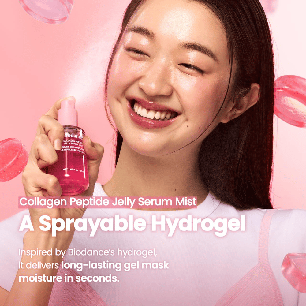 Biodance Collagen Peptide Jelly Serum Mist – spraybar hydrogel-inspirert ansiktsmist for rask og langvarig fuktighet.
