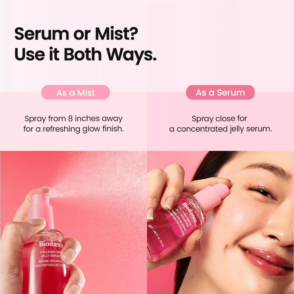 Biodance Collagen Peptide Jelly Serum Mist kan brukes både som ansiktsmist og serum for fuktighet og en frisk, glødgivende finish.