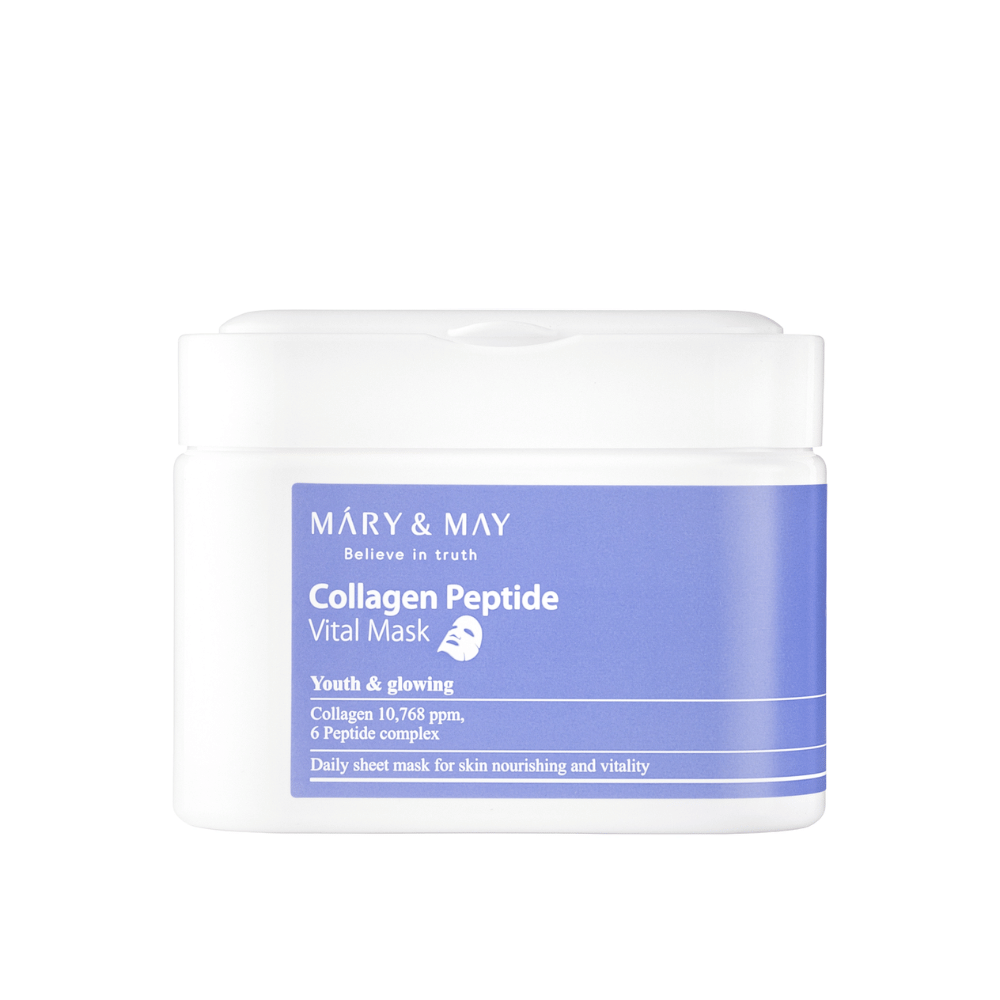 Collagen Peptide Vital Mask" fra MARY & MAY i en hvit og lilla krukke. Produktet inneholder 10,768 ppm kollagen og et peptidkompleks for å gi huden næring og glød. Denne daglige ansiktsmasken er utformet for å gi en ungdommelig og strålende hud
