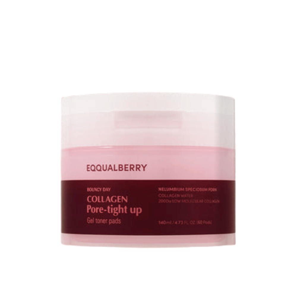 En boks med Bouncy Day Collagen Pore-Tight Up Gel Toner Pads. Boksen er rosa og rød, og inneholder 140 ml produkt som hjelper til med å stramme opp huden og redusere porestørrelse.
