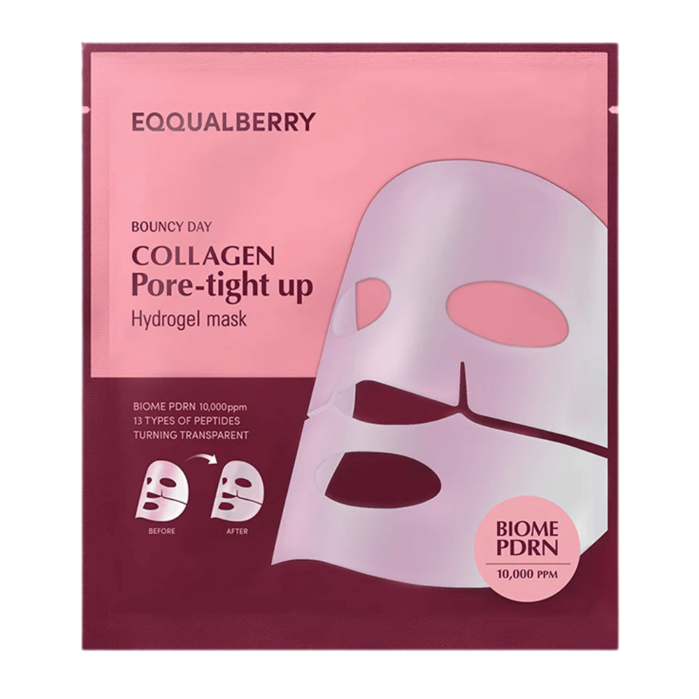 Emballasjen for Collagen Pore-tight Up Hydrogel Mask, en ansiktsmaske med biome PDRN og 13 typer peptider, vises i en rosa emballasje med før- og etterbilder av maskens effekter.