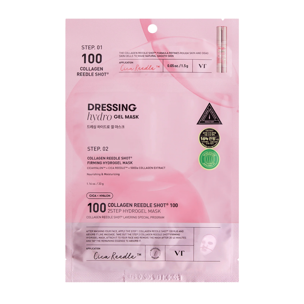 Emballasje av VT Collagen Reedle Shot 100 2-Step Hydrogel Mask i rosa design. Viser trinn 1 med Cica Reedle™ og trinn 2 med oppstrammende hydrogelmaske som inneholder CICAHYALON™ og 500Da kollagenekstrakt.