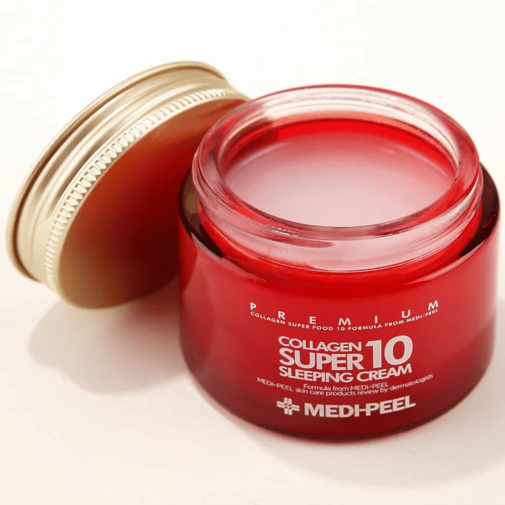 Nærbilde av MEDI-PEEL Collagen Super 10 Sleeping Cream med gelkrem-tekstur som absorberes om natten og gir intensiv fuktighet.