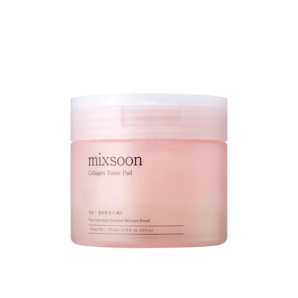 Mixsoon Collagen Toner Pad i en elegant, rosa boks med 110 pads – fuktighetsgivende toner for daglig hudpleie.