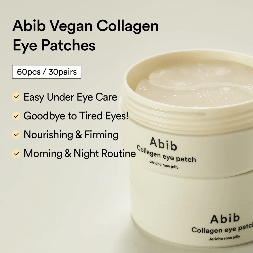 Abib Collagen Eye Patch Jericho Rose Jelly i åpen boks med synlige øyenlapper. Tekst beskriver fordeler som enkel pleie for trette øyne, oppstrammende effekt og bruk morgen og kveld. 60 stk / 30 par.