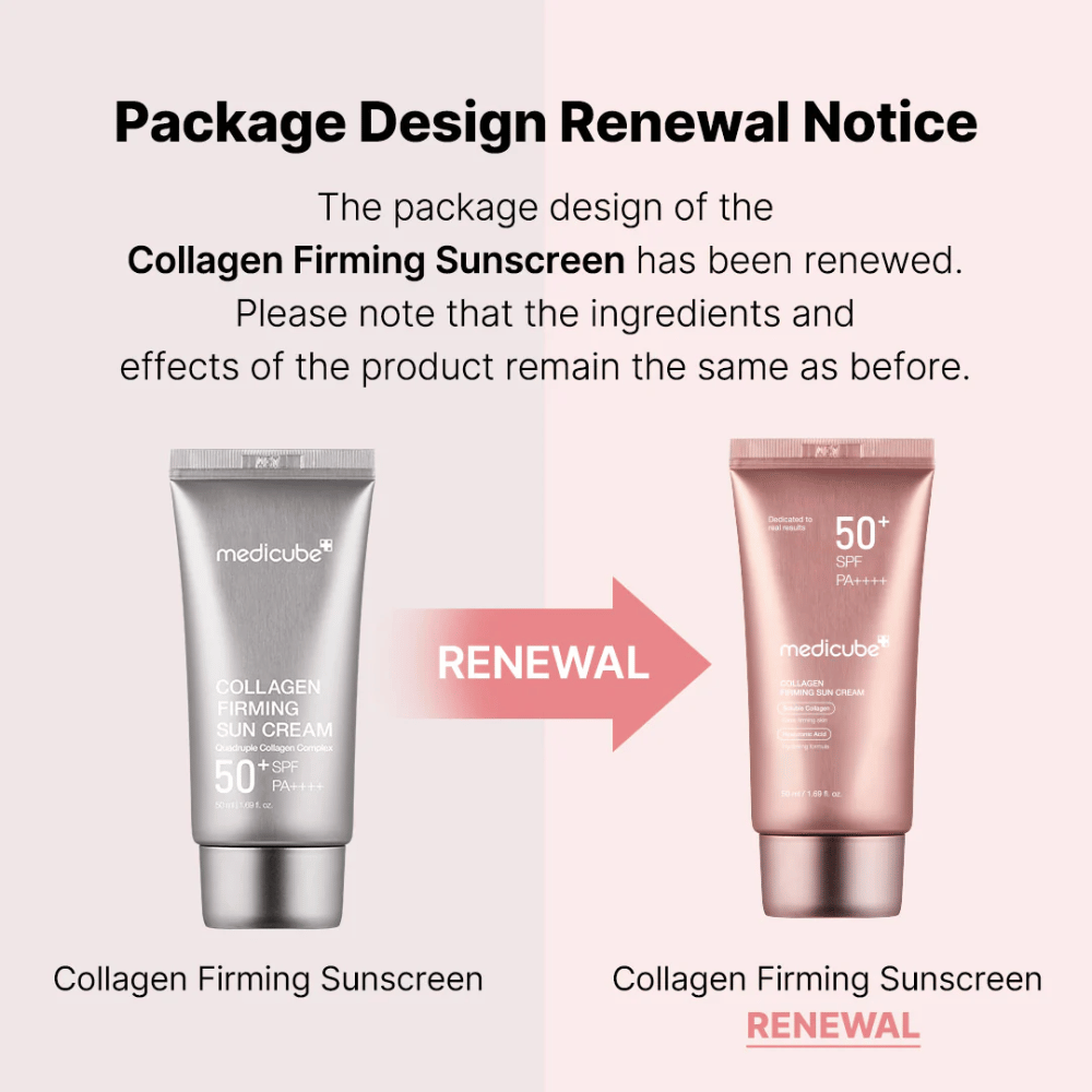 Medicube Collagen Firming Sunscreen har fått ny emballasjedesign – fra sølvfarget tube til roségul, med samme ingredienser og effekt som tidligere.