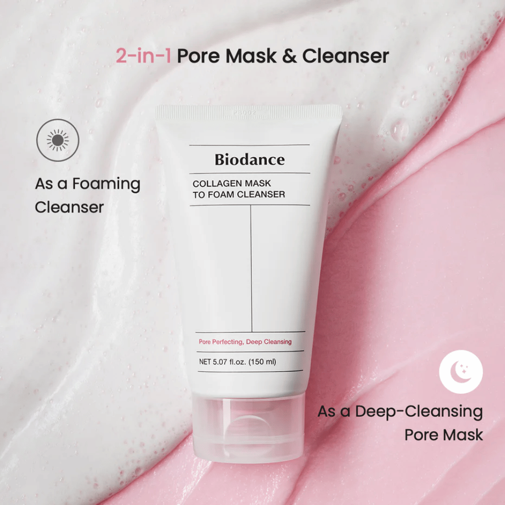 Bilde på Biodance Collagen Mask to Foam Cleanser plassert oppå rosa og hvit rensetekstur. Produktet beskrives som en 2-i-1 porerensende maske og skummende rens.