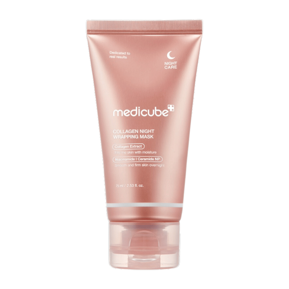 Medicube Collagen Night Wrapping Mask, en nattmaske med kollagenekstrakt som fukter og styrker huden over natten. Inneholder niacinamid og ceramid NP for en jevnere og fastere hud. Innhold: 75 ml.