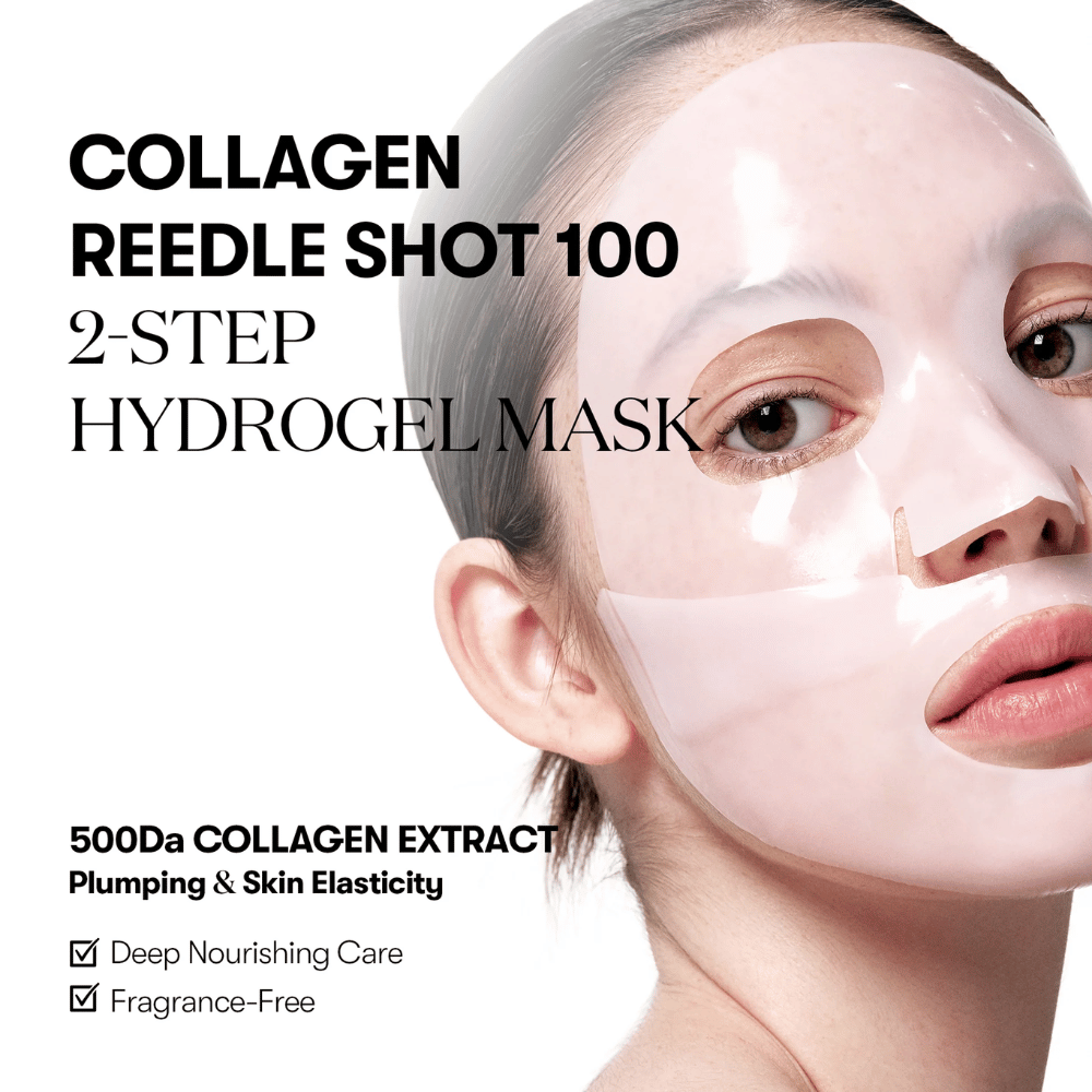 Nærbilde av en kvinne som bærer en gjennomsiktig 2-trinns hydrogelmaske. Tekst på bildet markedsfører "Collagen Reedle Shot 100" med 500Da kollagenekstrakt for hudens elastisitet, samt at produktet er duftfritt og gir dyp næring.