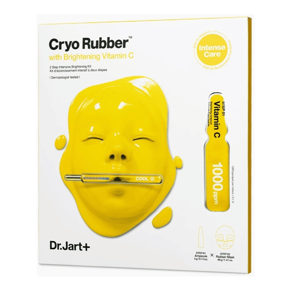 Dr.Jart+ skjønnhetsprodukt med navnet 'Cryo Rubber™ med Brightening Vitamin C'. Emballasjen viser en gul ansiktsmaske som drypper med væske. Det nevnes at det er et '2 Steg intensivt lysnende KIT' og at det er 'dermatologisk testet'. Illustrasjon av 'Vitamin C 1000ppm' finnes til høyre.