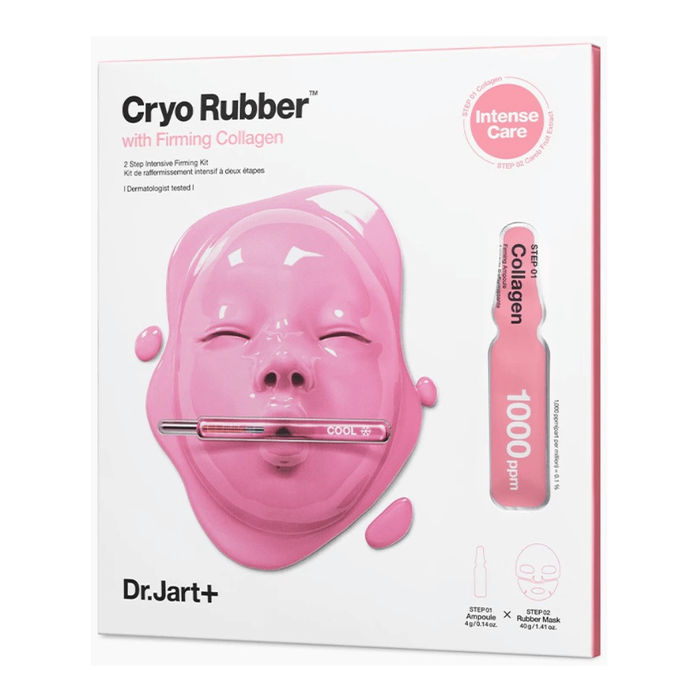Et bilde av Dr.Jart+'s Cryo Rubber™ med Firming Collagen produkt, viser en rosa ansiktsmaske og beskrivelse av innholdet.