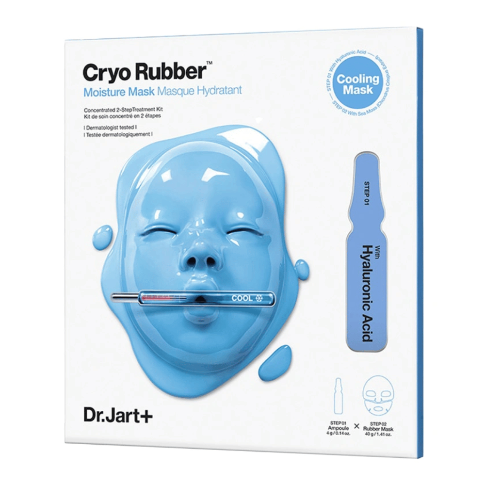 Emballasje av Dr.Jart+ Cryo Rubber Moisture Mask med blå ansiktsformet maske og en ampulle med hyaluronsyre, merket som "Cooling Mask" og trinnvis bruksanvisning.
