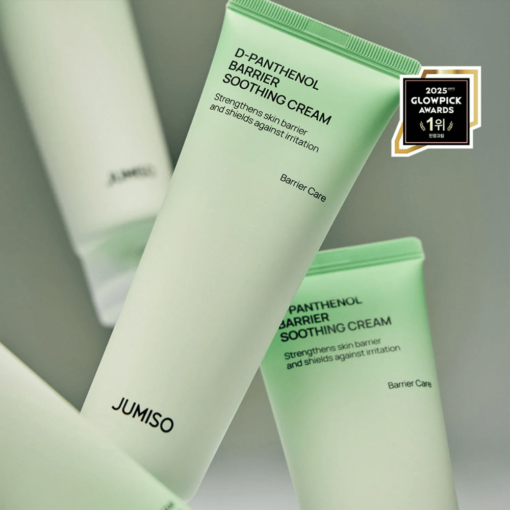 Nærbilde av Jumiso D-Panthenol Barrier Soothing Cream i grønn tube, vinner av Glowpick Awards 2025.