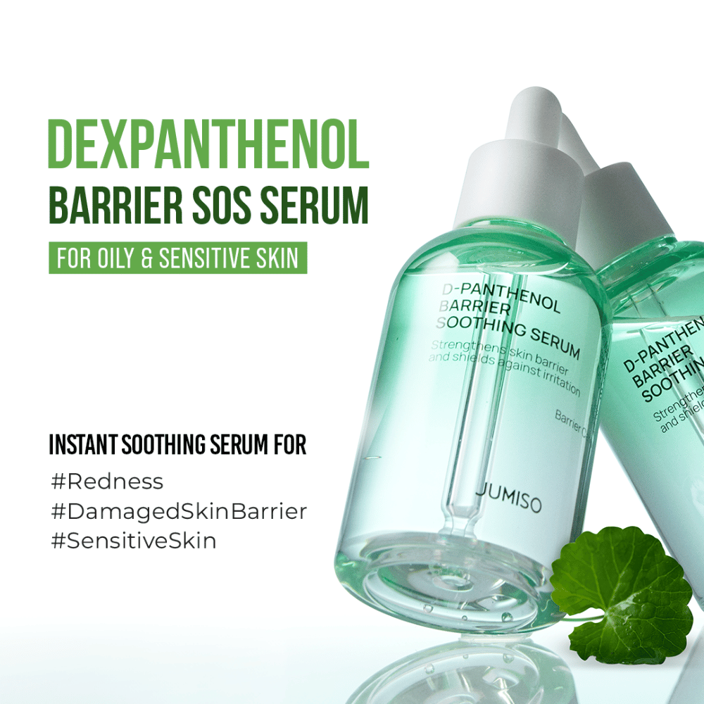 Produktbilde av Jumiso D-Panthenol Barrier Soothing Serum med tekst om SOS-effekt for sensitiv hud, rødhet og skadet hudbarriere.