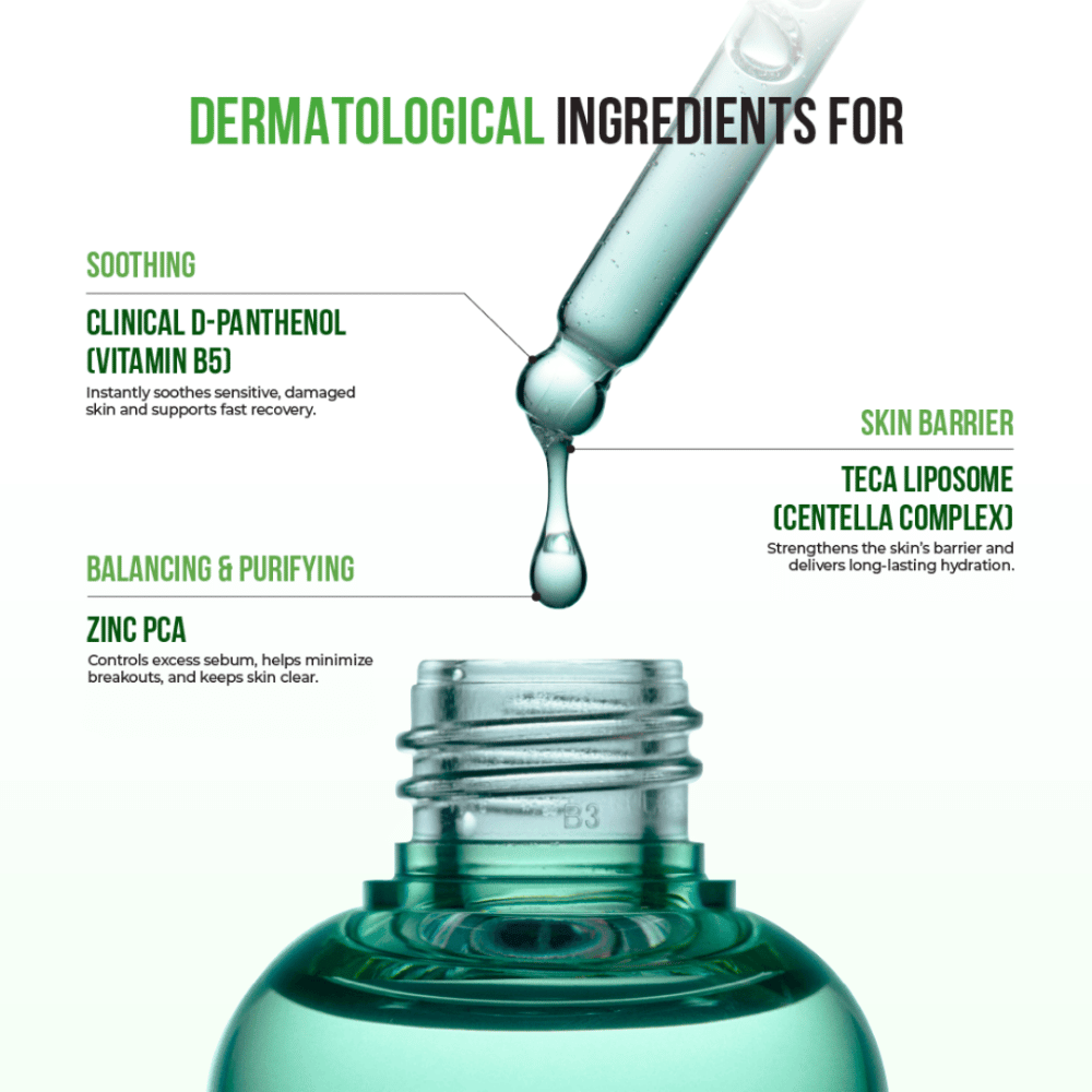 Nærbilde av pipette med dryppende serum, markerte ingredienser som D-Panthenol, Zinc PCA og Centella Complex for hudbarriere og fuktighet.