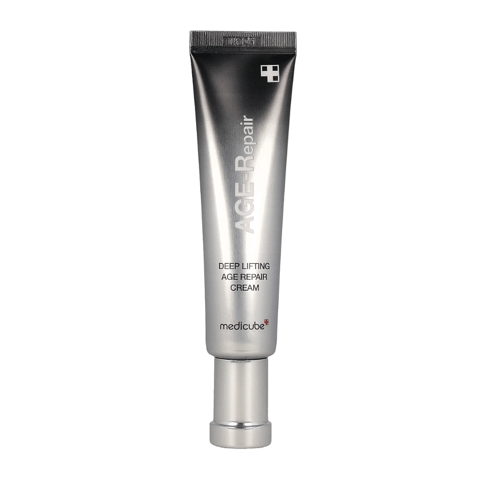 Produktbilde av Medicube Deep Lifting Age Repair Cream i sølv tube mot hvit bakgrunn.