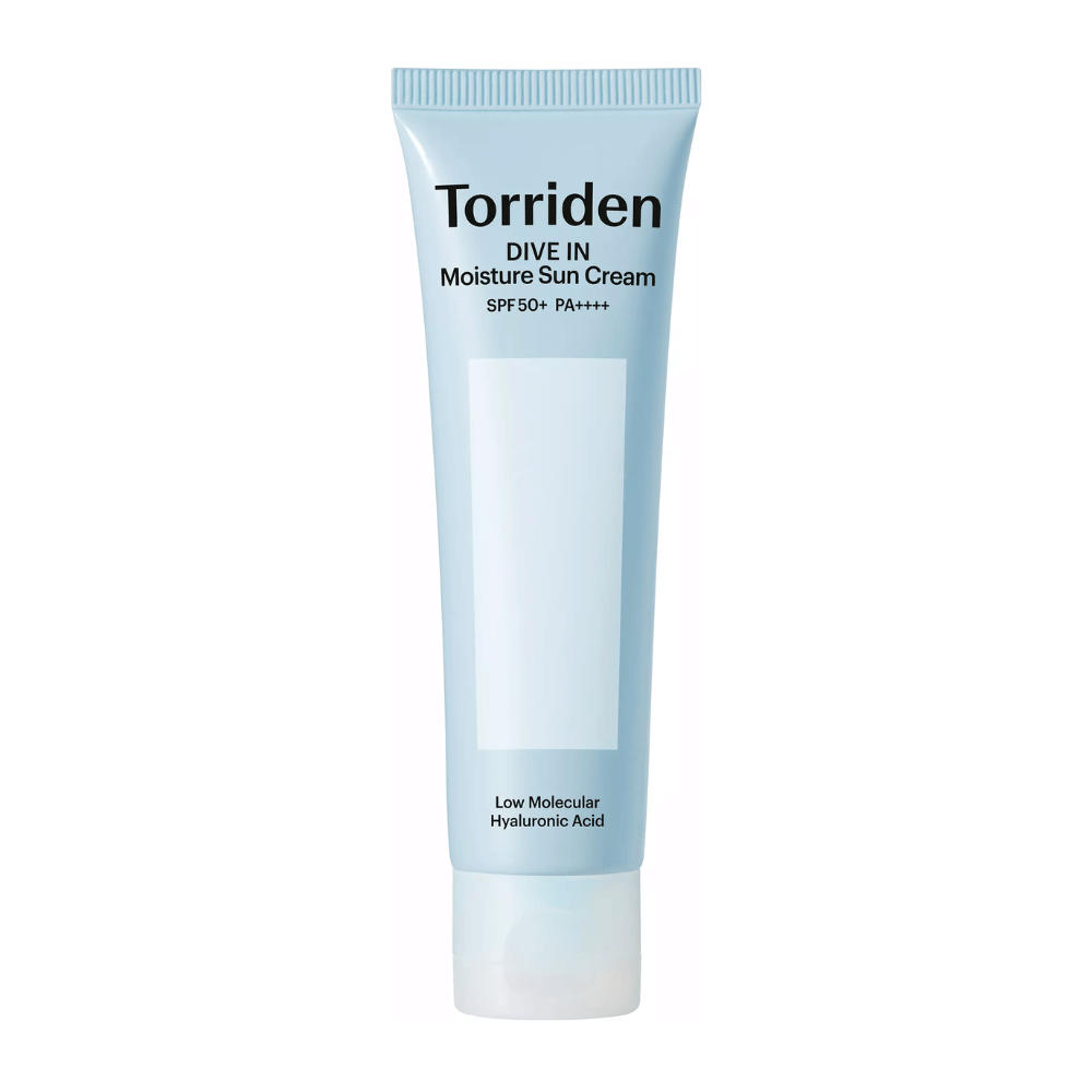 Torriden DIVE-IN Moisture Sun Cream SPF50+ PA++++ produktbilde på hvit bakgrunn med lavmolekylær hyaluronsyre for intensiv fuktighet og UV-beskyttelse.