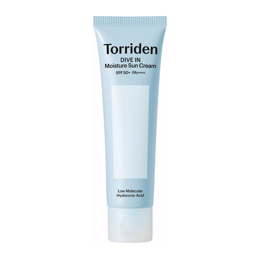 Torriden DIVE-IN Moisture Sun Cream SPF50+ PA++++ produktbilde på hvit bakgrunn med lavmolekylær hyaluronsyre for intensiv fuktighet og UV-beskyttelse.