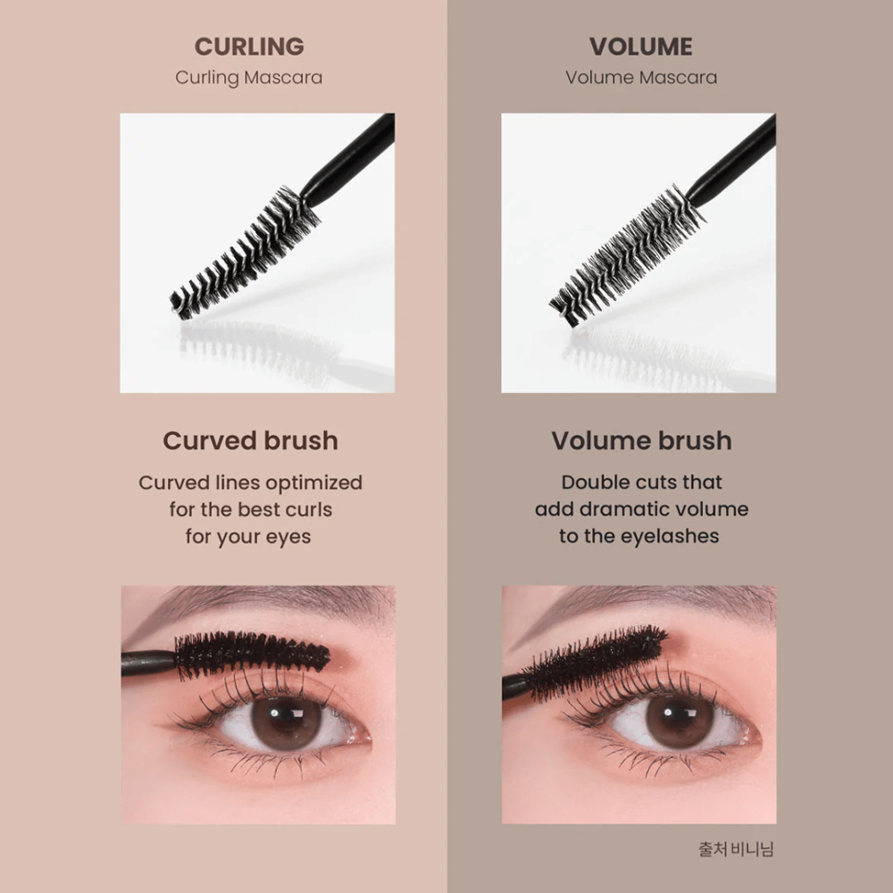 Sammenligning mellom Heimish Dailism Smudge Stop Mascara Curling og Volume som viser forskjellen mellom bøyde vipper og intens volum.