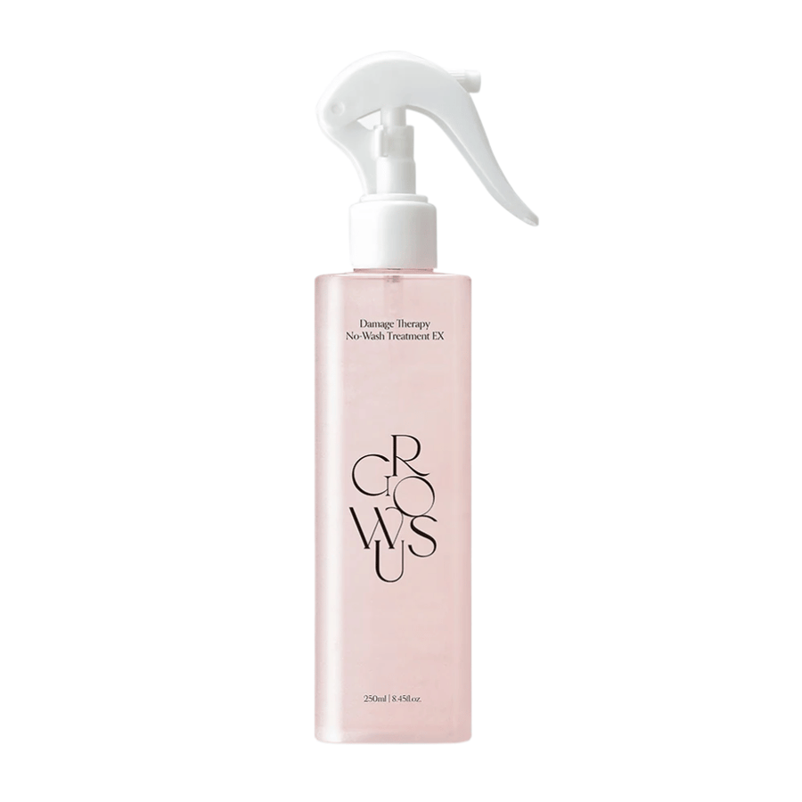 Frilagt produktbilde av GROWUS Damage Therapy No-Wash Treatment EX i rosa sprayflaske med leave-in-formel for fuktighet og pleie av skadet hår.