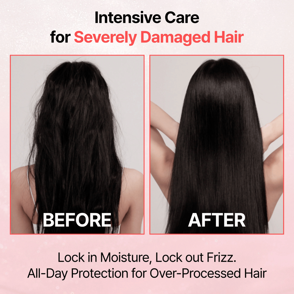 Før- og etterbilde som viser resultatet av GROWUS Damage Therapy No-Wash Treatment EX med glattere, mer glansfullt og mindre frizzy hår etter bruk.