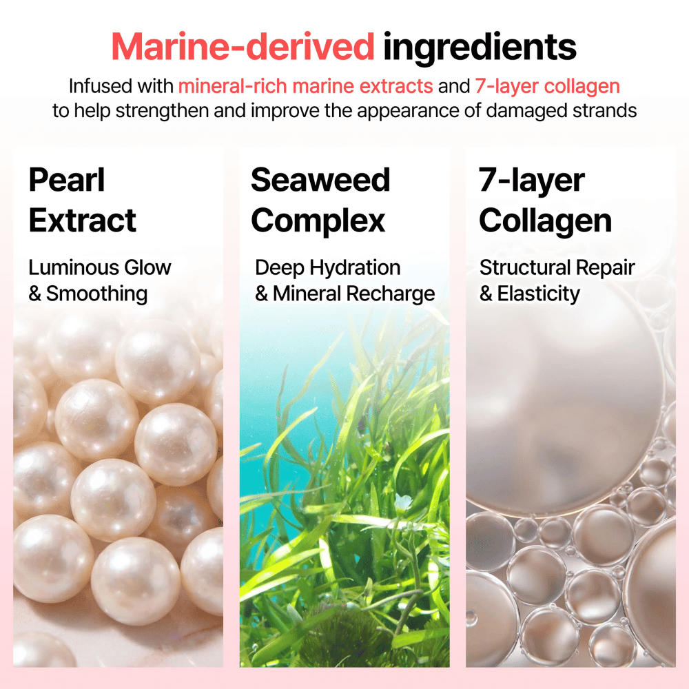 Informasjonsbilde om marine ingredienser i GROWUS Damage Therapy No-Wash Treatment EX med perleekstrakt, sjøgresskompleks og 7-lags kollagen for glans og fuktighet.