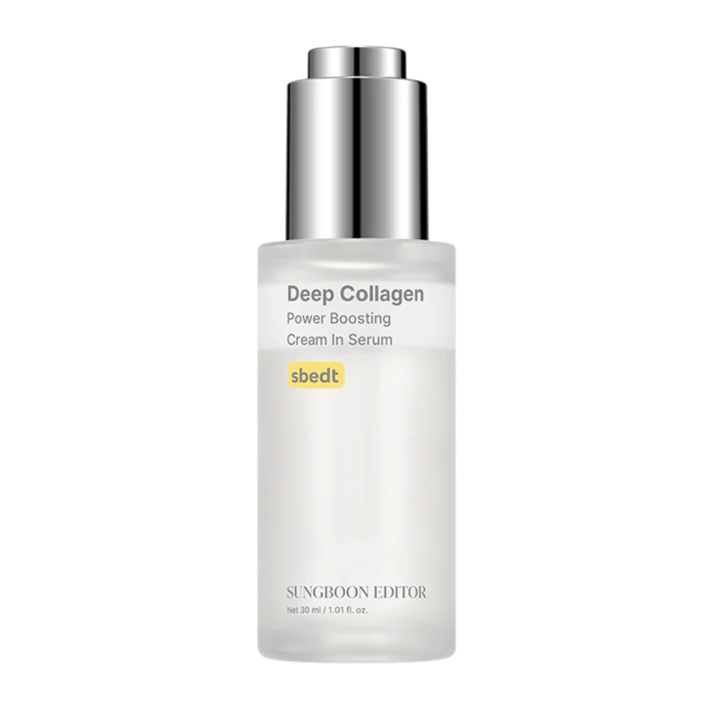 Deep Collagen Power Boosting Cream in Serum i elegant gjennomsiktig flaske med sølvlokk. Et kollagenrikt produkt som gir fyldigere hud.