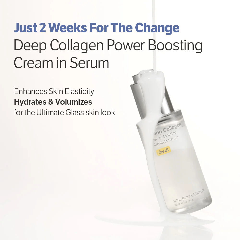 Sungboon Editor Deep Collagen Power Boosting Cream in Serum dekket av rennende krem. Produkt som fukter, styrker elastisitet og gir glassaktig hud.