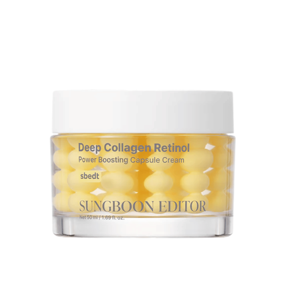 Sungboon Editor Deep Collagen Retinol Capsule Cream i glasskrukke med gule kapsler. En kraftig anti-aldringskrem med retinol og kollagen.