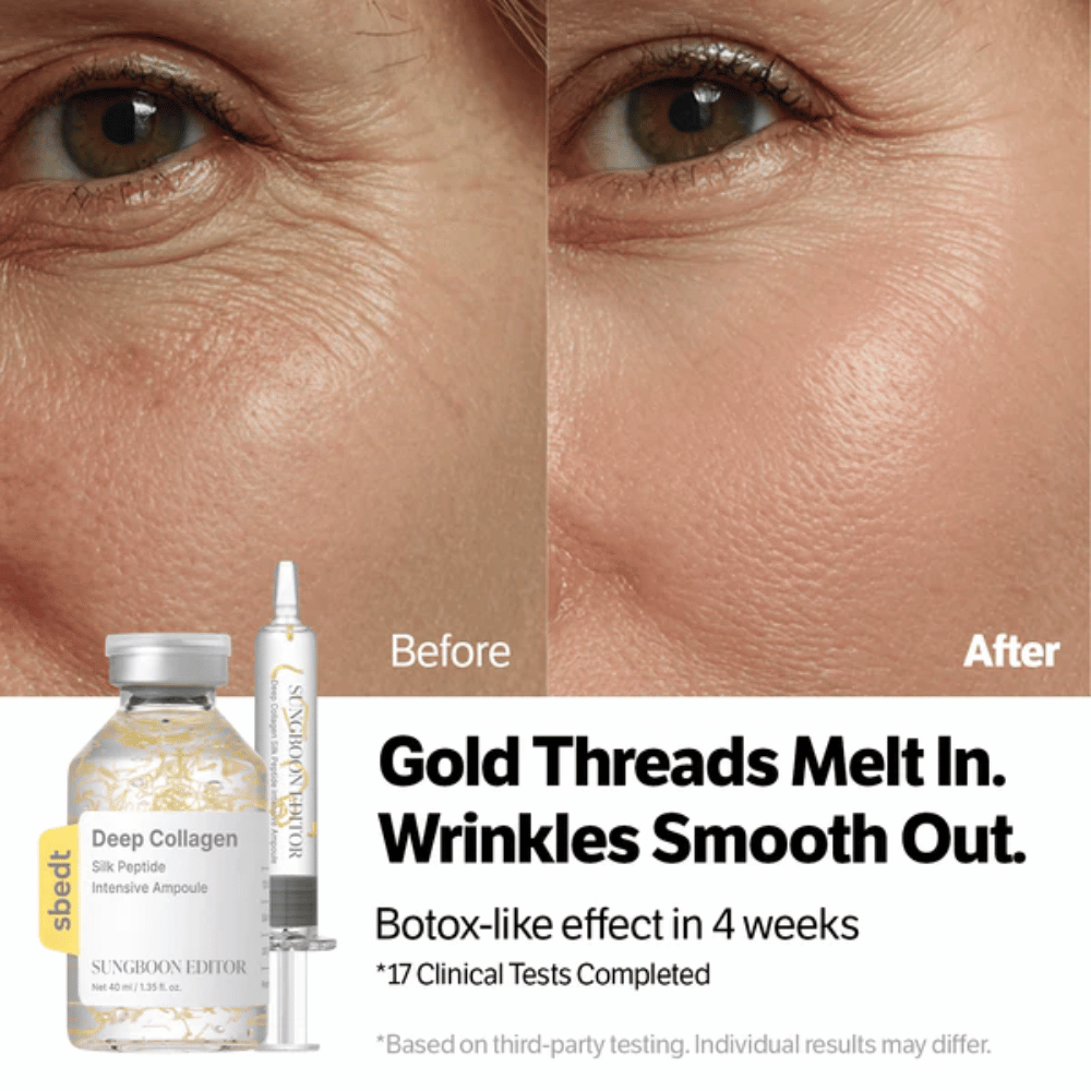 SUNGBOON EDITOR Deep Collagen Silk Peptide Intensive Ampoule – serum med peptider som hjelper til med å redusere rynker og forbedre hudens elastisitet for et jevnere resultat.