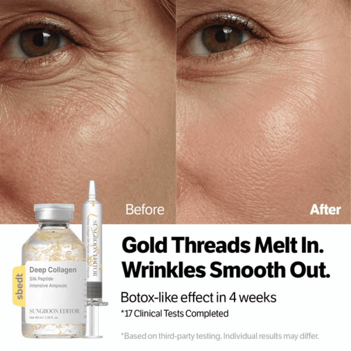 SUNGBOON EDITOR Deep Collagen Silk Peptide Intensive Ampoule – serum med peptider som hjelper til med å redusere rynker og forbedre hudens elastisitet for et jevnere resultat.