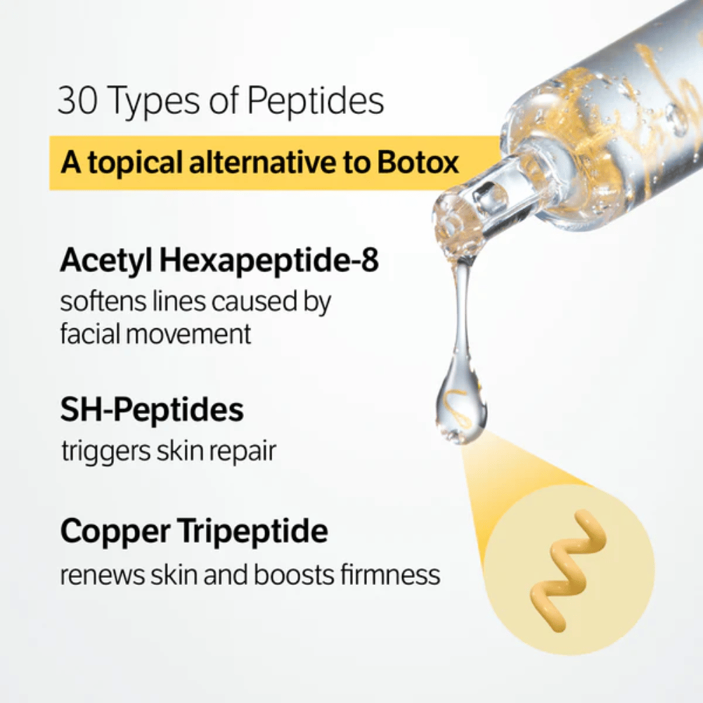 SUNGBOON EDITOR Deep Collagen Silk Peptide Intensive Ampoule med 30 typer peptider som hjelper til med å redusere fine linjer, styrke huden og forbedre hudens struktur.