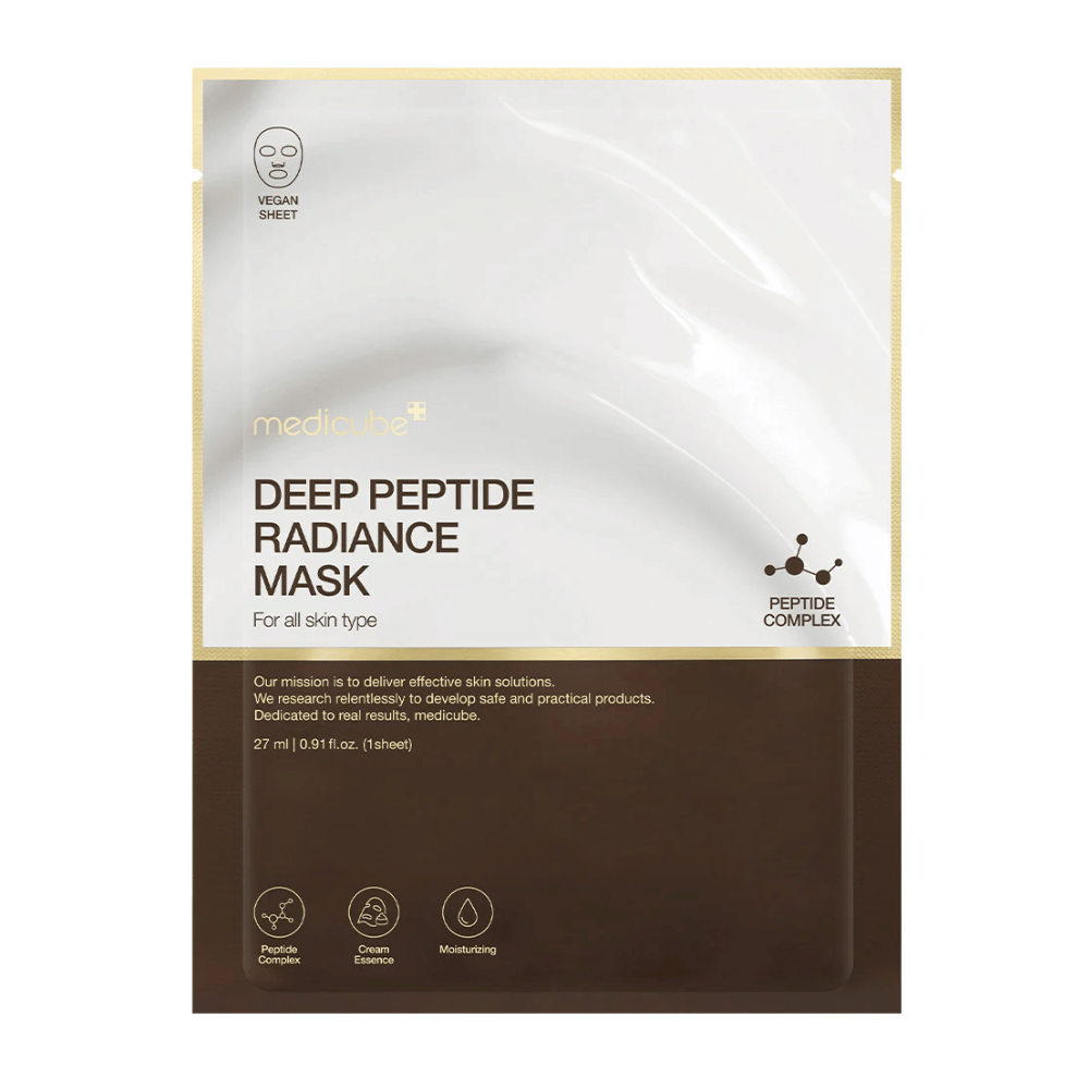 Forside av Medicube Deep Peptide Radiance Mask, vegansk Sheet mask med peptidkompleks for fuktighet og glød.