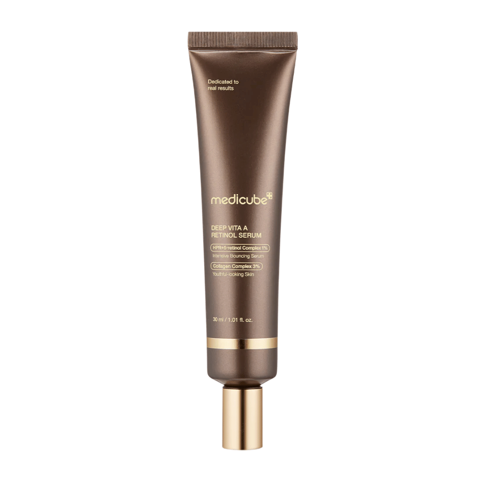 Medicube Deep Vita A Retinol Serum i brun tube med gulldetaljer, et anti-aging produkt som kombinerer retinol og kollagen for fastere hud.
