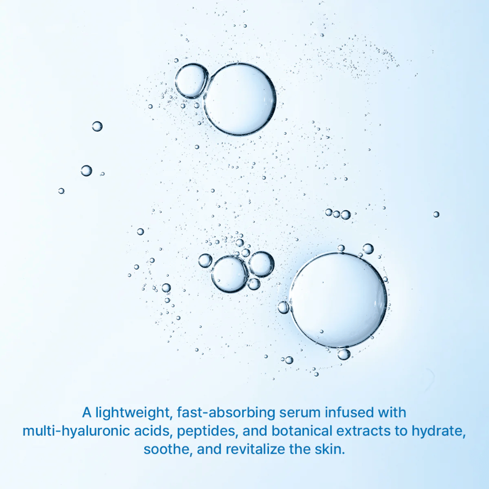 Illustrasjon av vannbobler som symboliserer intensiv fuktighet fra Arencia Deep Water Surge Serum med multi-hyaluronsyre og raskt absorberende formel.