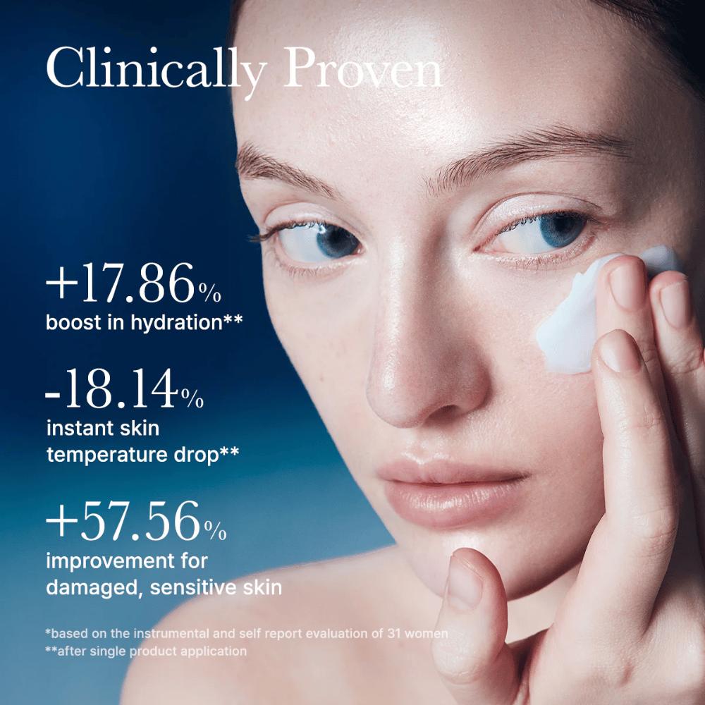 Klinisk testet Arencia Deep Water Surge Soothing Cream som forbedrer hudens fuktighet, senker hudtemperaturen og styrker sensitiv hud etter påføring.