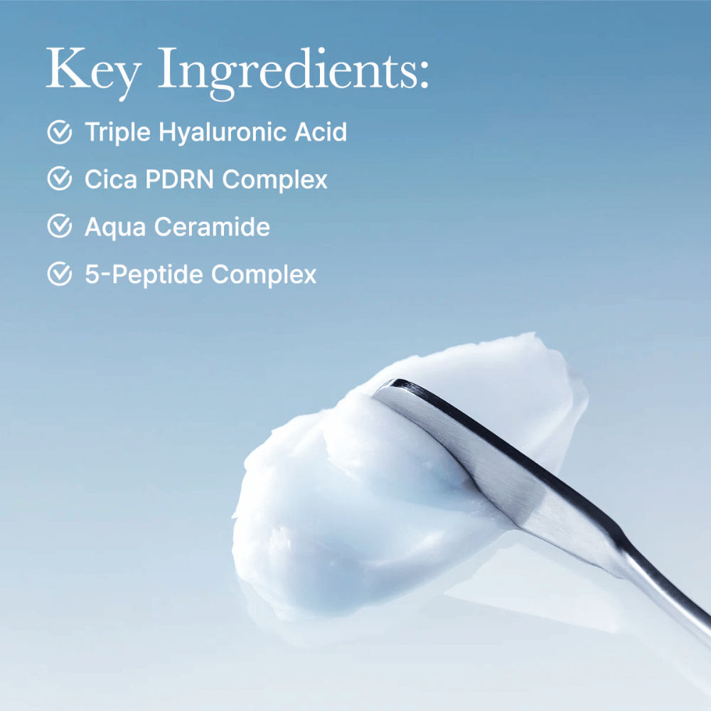 Nøkkelingredienser i Arencia Deep Water Surge Soothing Cream med trippel hyaluronsyre, Cica PDRN, aqua ceramide og 5-peptidkompleks for intens fuktighet og hudbarrierestøtte.