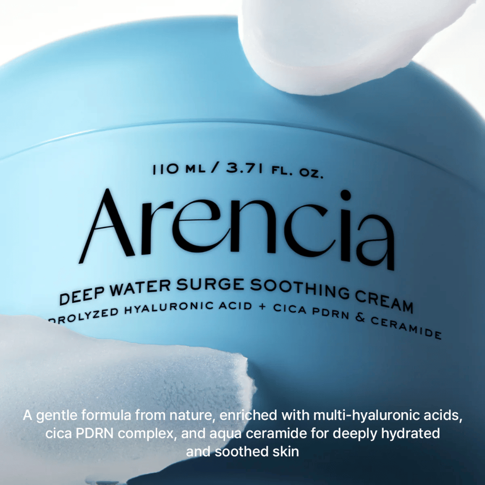 Arencia Deep Water Surge Soothing Cream med hyaluronsyre, Cica PDRN og ceramider – beroligende ansiktskrem som gir dyp fuktighet og styrker hudbarrieren for sensitiv og tørr hud.