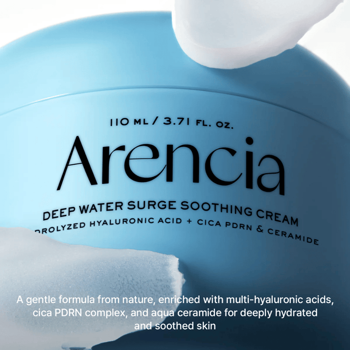 Arencia Deep Water Surge Soothing Cream med hyaluronsyre, Cica PDRN og ceramider – beroligende ansiktskrem som gir dyp fuktighet og styrker hudbarrieren for sensitiv og tørr hud.