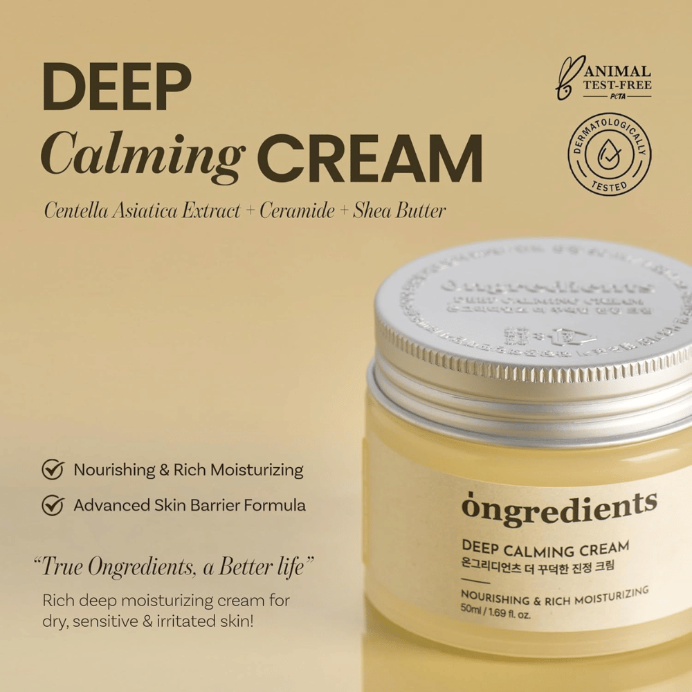 Ongredients Deep Calming Cream – dermatologisk testet, cruelty-free ansiktskrem for tørr, sensitiv og irritert hud.