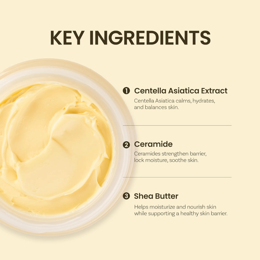 Nøkkelingredienser i Ongredients Deep Calming Cream: Centella Asiatica, ceramider og sheasmør som fukter og balanserer huden.