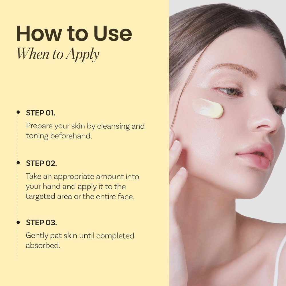 Instruksjoner for Ongredients Deep Calming Cream – påfør etter rensing og toner, klapp forsiktig inn kremen til den absorberes.
