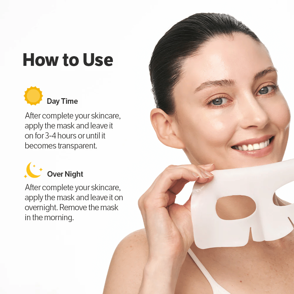 Kvinne som holder Sungboon Editor Deep Collagen Power Boosting Mask med instruksjoner for bruk dagtid og natt.