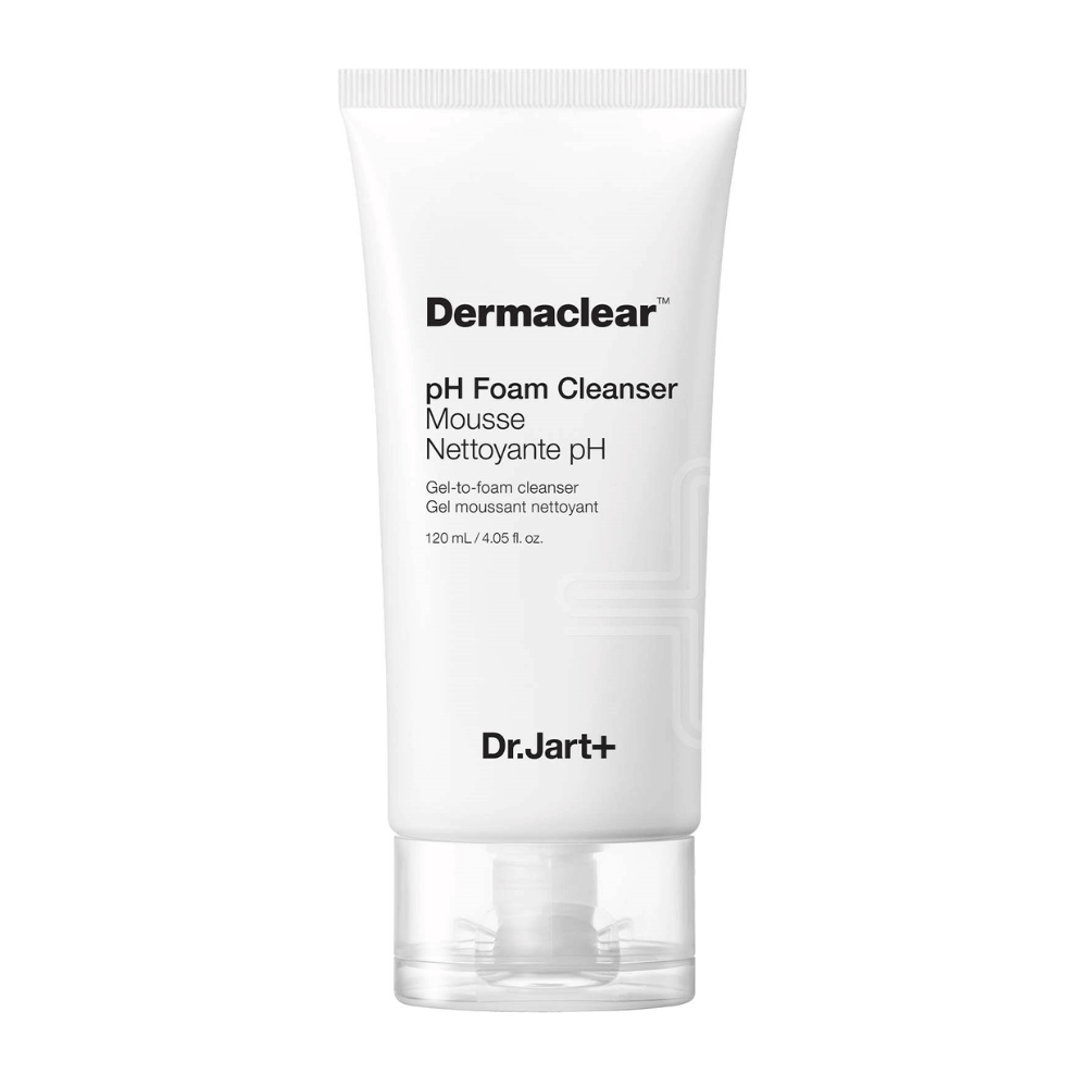 Hvit tube av Dr.Jart+ Dermaclear pH Foam Cleanser med svart tekst, stående oppreist mot hvit bakgrunn.