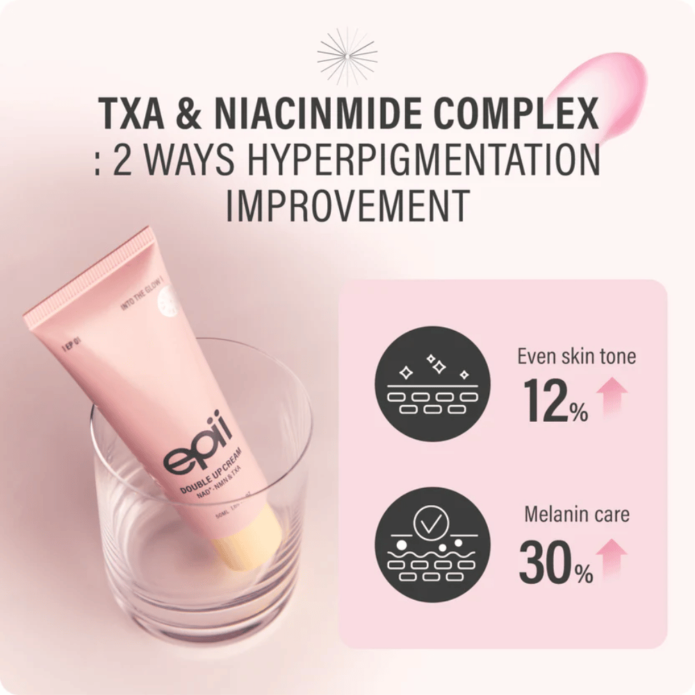 EPII Double Up Cream med NAD+, NMN, traneksamsyre og niacinamid som hjelper til med å jevne ut hudtonen og redusere synlig pigmentering.