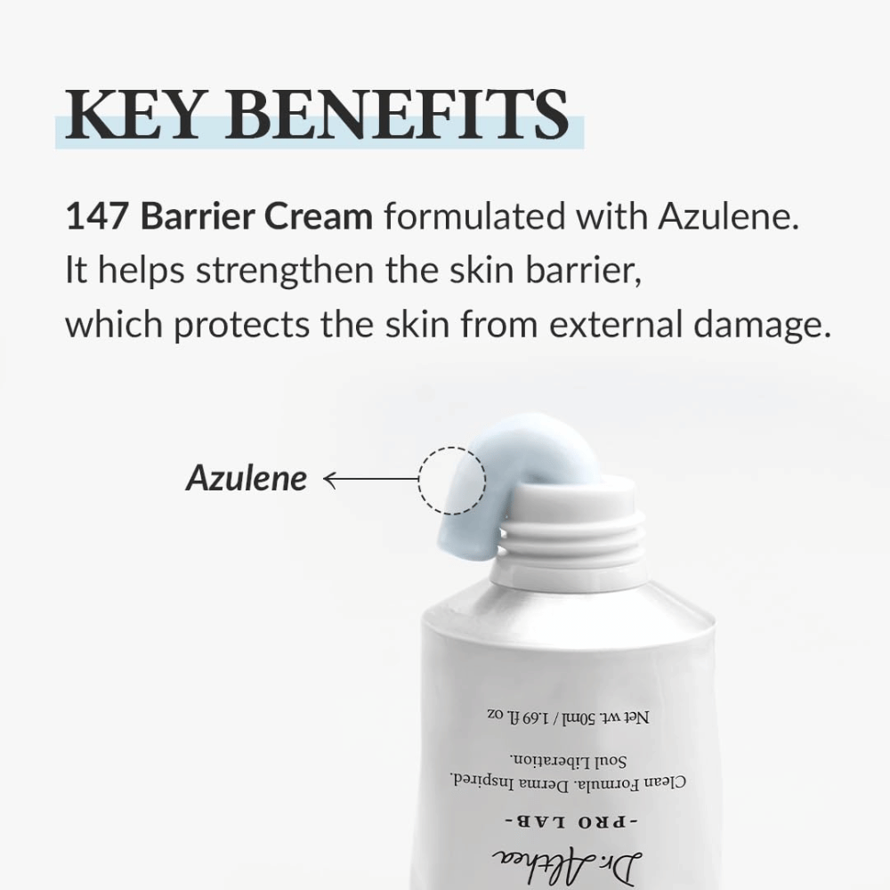 Dr. Althea 147 Barrier Cream med Azulene, en fuktighetskrem som styrker hudbarrieren og beskytter huden mot ytre skader.