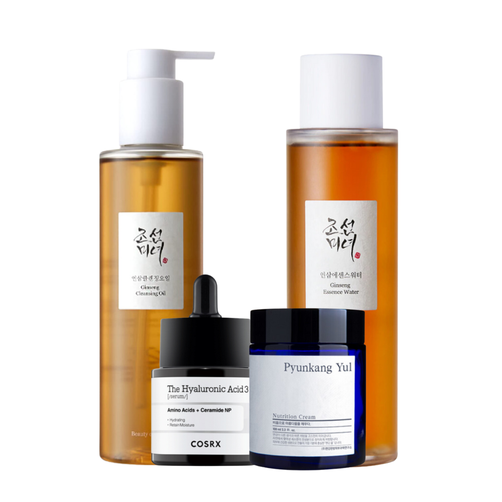 Skjønnhetsprodukter inkludert ginseng renseolje, ginseng essens vann, COSRX hyaluronsyre serum og Pyunkang Yul nærende krem.