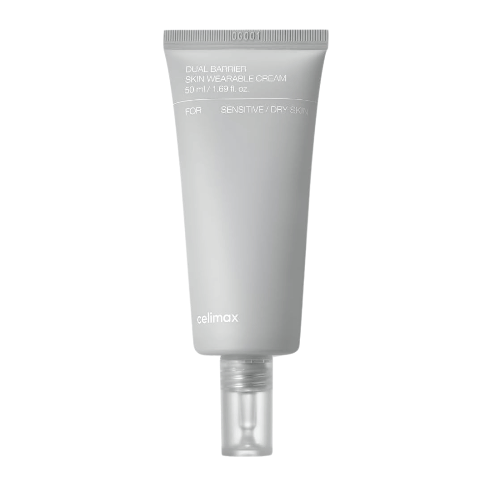 Celimax Dual Barrier Skin Wearable Cream for sensitiv og tørr hud, fuktighetsgivende ansiktskrem som styrker hudbarrieren og reduserer irritasjon.